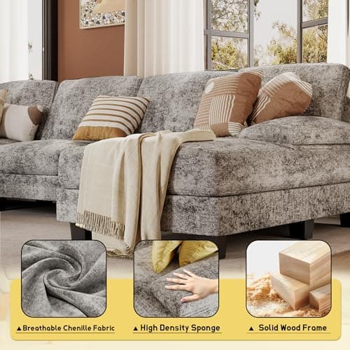 JUMMICO Sectional Couches for Living Room, U Shaped Couch with Chenille Fabric, 4 Seat Modern Sofa with Removable Pillows for Apartment and Small Space (Fabric, Grey) 5