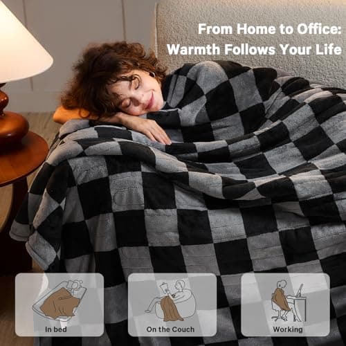 Heated Electric Blanket Throw, 50X60 Heating Blanket with 10 Heat Level & 8 Hours Auto Off for Lap, Black Gray Checkered Plaid Soft Sherpa Blankets Warmer Gifts for Couch Grandma Women Adults 8