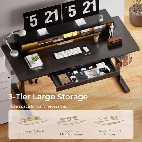 GTPLAYER Electric Standing Desk with Drawers, 48 x 24 Inch Height Adjustable Gaming Desk with Monitor Stand, Power Outlets & LED Lights, Home Office Sit Stand Up Desk with Memory Preset (Black) 5