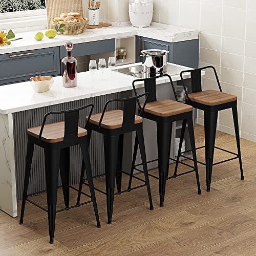 WENTMENT Metal Bar Stools Set of 4 Counter Height Barstools with Removable Back 26" Kitchen Bar Stools with Wooden Seat, Black 5