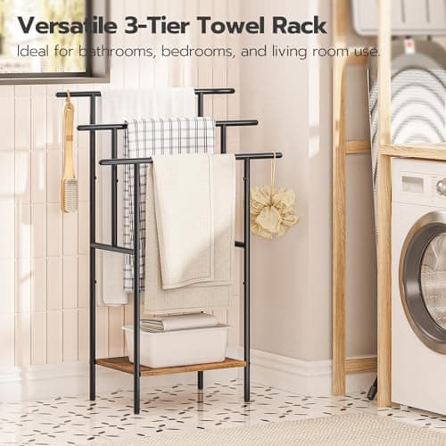 HOOBRO 39.4" Tall Freestanding Towel Rack for Bathroom, 3 Tier Stepped Blanket Rack with Shelf, Oversized Bath Towels Drying and Display Rack, Black and Rustic Brown BF50LB01 5