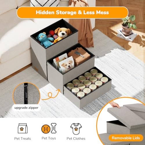 Fecuria 3-Step Wide Dog Stairs with Hidden Storage 18" H, Non-Slip Dog Steps for High Bed Couch Window Car, Jiont-Friendly Pet Stairs Ramp for Small/Medium/Large Old Dogs Cats Up to 200lbs, Grey 5