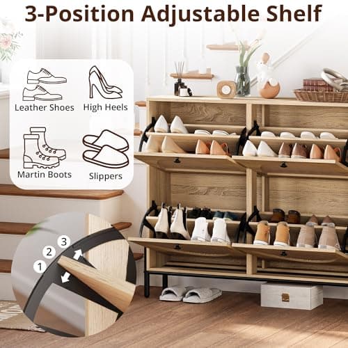 IRONCK Rattan Shoe Cabinet Storage with 4 Flip Drawers, Freestanding Shoe Storage Organizer Cabinet for Entryway, Narrow Shoe Rack Cabinet, Oak 5