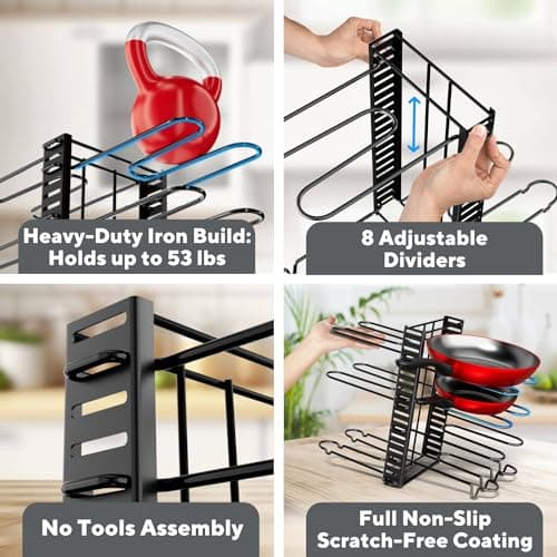 Pots and Pans Organizer Under Cabinet - 8-Tier Adjustable Pan Organizer Rack for Cabinet - Heavy-Duty Pot & Pan Organizer - Perfect to Store Pots, Pans, Lids - Easy Kitchen Organization and Storage 5