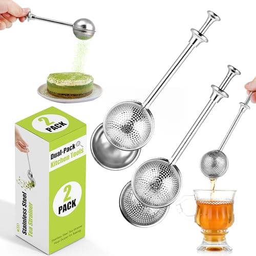 2-Pack Tea Infuser and Tea Strainer Set with Flour Duster, Full-Hole Stainless Steel Filter & Half-Scoop Design | 304 Grade Dishwasher Safe for Loose Tea and Baking
