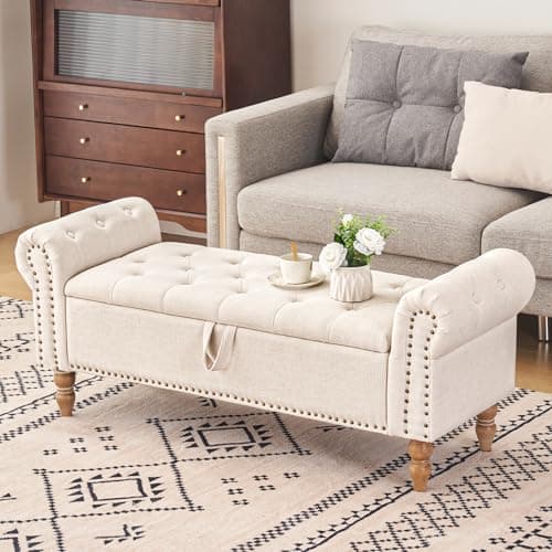 Furniliving 51” Storage Benches, End of Bed Bench with Button-Tufted Large Upholstered Storage Ottoman Linen Window Bench with Storage Shoe Cabinet Bench, for Bedroom, Entryway, Closet, Beige 9