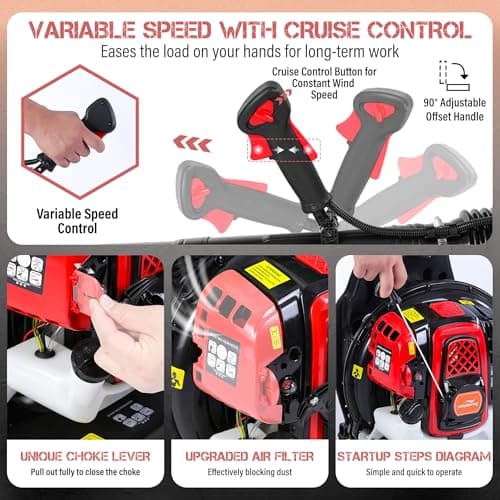 JellyMoving 65CC 2-Stroke Backpack Leaf Blower Gas Powered, 850CFM 230MPH Powerful Wind, Cruise Control, High-Efficient Commercial Gas Leaf Blower for Yard Lawn Care, Debris Dust & Leaf Cleaning 6