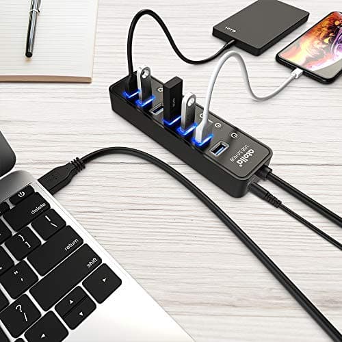 Powered USB Hub 3.0, Atolla 7-Port USB Data Hub Splitter with One Smart Charging Port and Individual On/Off Switches and 5V/4A Power Adapter USB Extension for MacBook, Mac Pro/Mini and More. 5