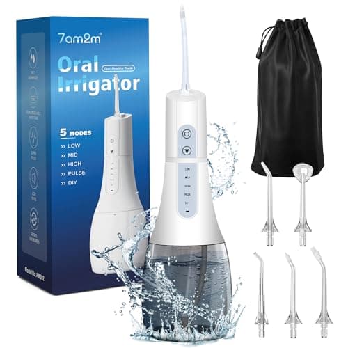 7AM2M Water Dental Flosser Pick for Teeth, 450ML Portable Oral Irrigator, Cordless Flosser for Travel with 5 Jet Tips, 5 Modes & IPX7 Waterproof, Electric Flossing Teeth Cleaning for Home-Snow White