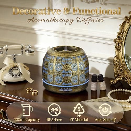 ARVIDSSON Essential Oil Diffuser, 500ml Aromatherapy Diffuser for Home, Ultrasonic Diffusers for Essential Oils, Metal Oil Diffuser with Mist Timer and Color Mood Light, Gift for Women and Men 6