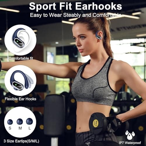 Wireless Earbuds Bluetooth Headphone Sport, 50Hrs Playtime Wireless Headphones with ENC Noise Canceling Mic, Over Ear Buds with Earhook Deep Bass, Digital Display, IP7 Waterproof for Running, Blue 6