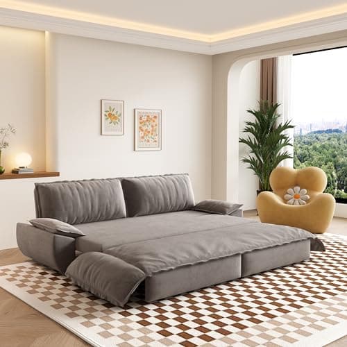 Queen Size Convertible Sleeper Sofa Couch Bed, 3 in 1 Oversized Cloud Loveseat Pull Out Couch Bed w/Thickness Cushions, 73.2" Love Seat Lounge Chaise Daybed with Soft Armrest