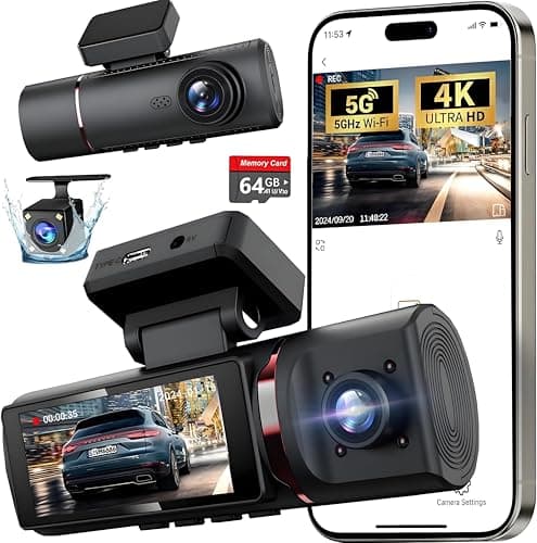 3 Channel 4K Dash Cam Front and Rear Inside, Built-in 5G WiFi,4K+1080P+1080P Dash Camera with 64GB Card,3.16” IPS Screen,Loop Recording, G-Sensor, 24H Parking Monitor, Night Vision(Rose Gold)