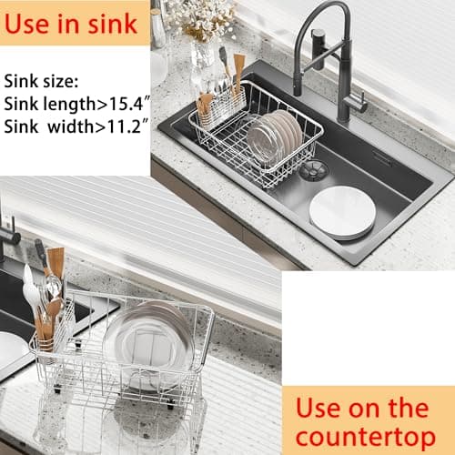 NiuYichee Stainless Steel Dish Drying Rack(15.2"L X 11"W X 5.3"H), Expandable Fruit & Vegetable Drain Rack over Sink, Dish Drainer Rack in Sink, with Stainless Steel Utensil Holder & Silicone Mat(16") 9