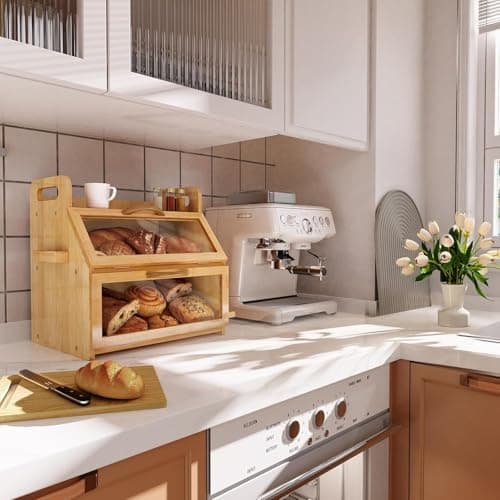BAMBANG Extra Large Bread Box, Double Layer Bread Box for Homemade Bread, Bamboo Wooden Bread Storage Container with Tool Holder & Handles & Window, Assembly Required(14.9" x 11" x 15.3") Natural 6