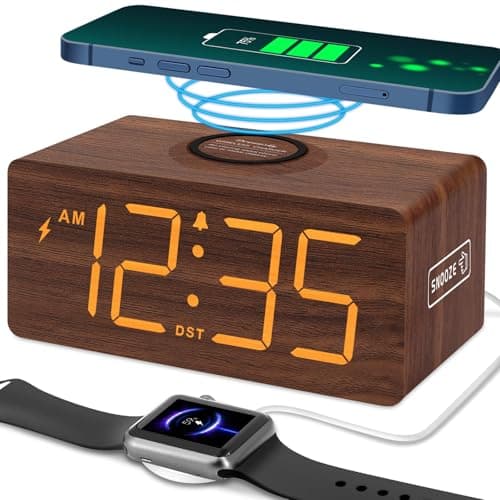 DreamSky Wooden Digital Alarm Clock with Wireless Charging for Bedroom, Bedside Nightstand Clock with Charger Station, USB Port, Large Numbers, Adjustable Volume, Brightness Dimmer, DST