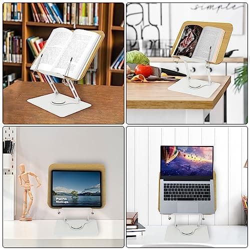 MNKXL Book Stand for Reading,360°Rotating Base Book Holder for Reading Hands Free,Cookbook Stand,Wooden Panel Aluminium Base Stand for Cookbook,Laptop,Textbook 6