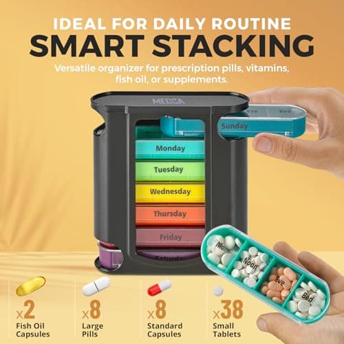 Weekly Pill Organizer, 1 Dispenser, 7 Stackable Compartments Four Times-a-Day - Morning, Noon, Evening, and Bedtime, Black 6
