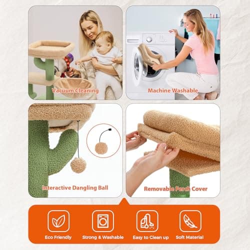 PETEPELA Cactus Cat Tree for Indoor Cats, 32'' Small Cat Tower Cat Condo with Sisal Scratching Ramp, Cozy Hammock and Removable Top Bed Perch for Kittens, Green 5