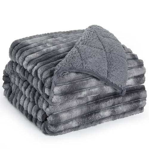 UINIU Sherpa Fleece Weighted Blanket with 3D Ribbed Stripes, 15 lbs Soft Flannel Heavy Throw Blanket for Couch Bed Sofa, Heavy Thick Blankets with Glass Beads, Great for Sleep, 48" x 72"