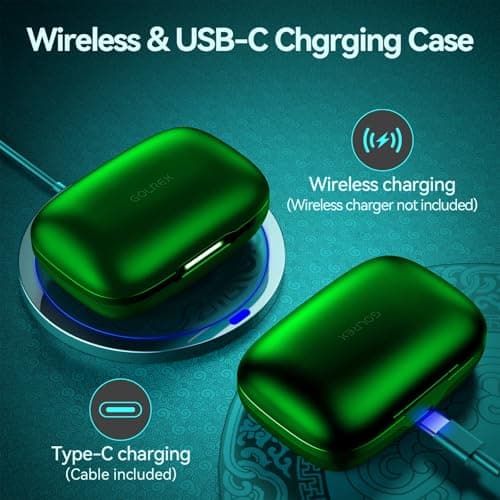 Active Noise Cancelling Earbuds Wireless Bluetooth Headphones 80H Playtime LED Power Display Charging Case Over Ear Hooks Ear Buds with Hi-Res Sound & Clear Calls for Sports Running Gym Workout Green 5