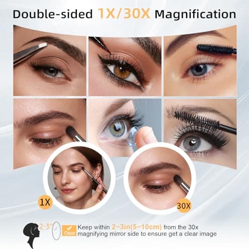 FASCINATE Magnifying Mirror 30X 1X Double Sided Magnification Makeup Vanity Mirror 2000mAh Rechargeable Lighted Mirror with 3 Color Setting Adjustable Rotation LED Vanity Desk Mirror 5