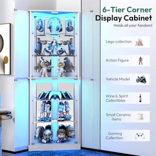 Lamtor 72" Corner Display Cabinet with Glass Doors, 6-Tier Showcase Curio Cabinet for Collectibles with Dynamic LED Lights, Modern Display Case for Living Room, White 8