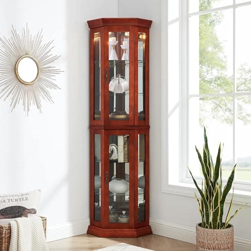 HomVent Corner Curio Cabinet with Lights, Glass Display Cabinet Display Case Storage Showcase w/Adjustable Shelves, Mirrored Back Panel ＆ Tempered Glass Doors for Living Room (Walnut, Corner Shape)