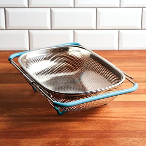 Rachael Ray Tools and Gadgets Over-The-Sink Colander/Strainer, 4.5 Quart, Stainless Steel with Agave Blue Handles 8