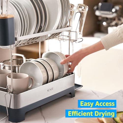 SUNLY Large Dish Drying Rack, Multipurpose 2 Tier Dish Racks for Kitchen Counter, 304 Stainless, Extra Large Drain Board, Gray 8
