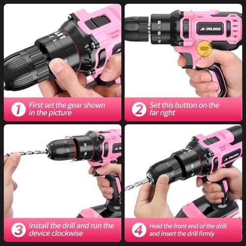 20V Cordless Drill, Electric Power Drill Set with Battery Charger and Carrying Case, 3/8” Keyless Chuck, 2 Variable Speed, 18+3 Torque, 72pcs Driver Bits and Belt Hook, Pink 5
