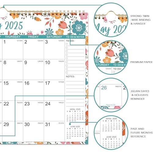 2025 Wall Calendar - Jan 2025 - Dec 2025, 12 Months Hanging Monthly Calendar 2025, 14.8" x 11.57", Twin-Wire Binding, Julian Dates, Large Block, Notes, To-do List, Thick Paper, Perfect for Organizing 5