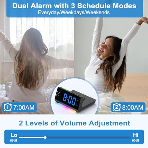 Wireless Charging Alarm Clock Station - Dual USB-C Ports, Dual Alarm, Night Light, Full Dimmable Display, Calendar, Snooze, Perfect for Heavy Sleepers & Teens 5
