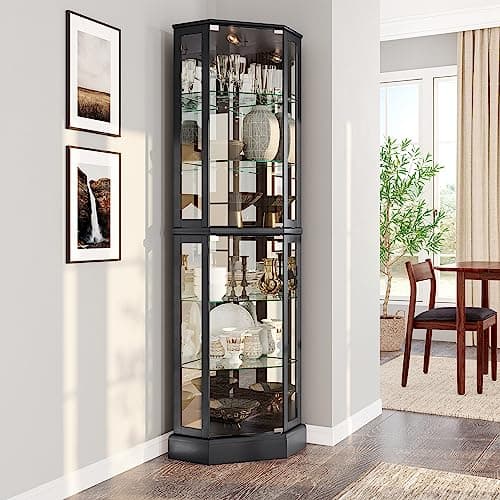 BELLEZE Lighted 3-Side Glass Display Curio Cabinet with Tempered Glass Doors and Shelves, Curved Wood Corner Cabinet with Bulb, Corner Curio Storage Rack for Bar and Liquor Storage - Ashfield (Black)