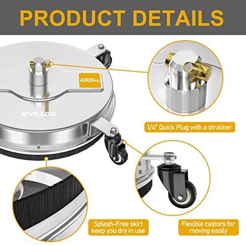 EVEAGE 16.5'' Pressure Washer Surface Cleaner, Power Washer Surface Cleaner with 2 Extension Wand, Stainless Steel Housing Power Washer Accessories with 2 Replacement Nozzles, 4000 PSI,EP001 3