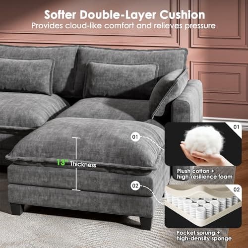 Marsail Modular Sectional Sofa 110.6" U-Shaped Modern Comfy Cloud Couch, 5-Seat Chenille Deep Seat Sofa with Throw Pillow & Movable Ottoman for Living Room, Bedroom and Apartment, Grey 5