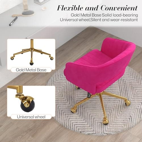 HENGJIANYI Home Office Swivel Desk Chair, Modern Velvet Vanity Chair, Height Adjustable Armchair with Gold Base, Ergonomic Office Chair for Task Study Computer Room, Hot Pink 5