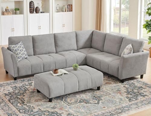 Pingliang Home Modular L-Shaped Sectional Sofa with Ottoman, 6 Seat Corner Sofa with Linen Fabrics, Space-Saving Corner Couch for Living Room, Apartments & Office, Light Grey