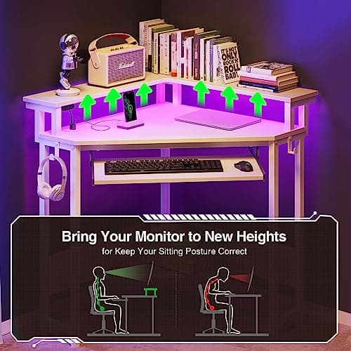 Rolanstar Corner Desk, 44.5" W x 34.5" H Small Computer Desk with Power Outlets, Gaming Desks with LED Lights, Triangle Corner Table with Keyboard Tray & Monitor Stand for Small Space, White 7