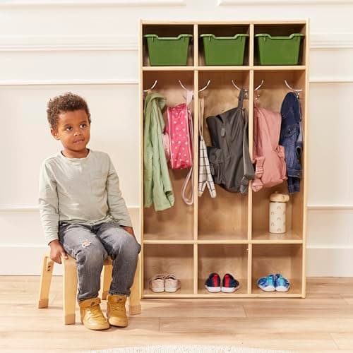 ECR4Kids Streamline 3-Section Coat Locker with Cubby Storage, Classroom Furniture, Natural 9