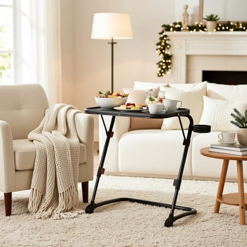 FurnitureR Adjustable Folding TV Tray Table, Portable Snack & Laptop Table with 4 Heights, 3 Tilt Angles and Cup Holder, Lightweight Bed & Sofa Table for Holiday Hosting and Gifting, Black 8