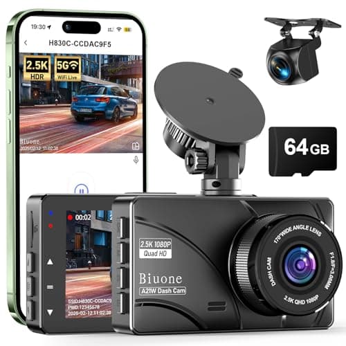 Dash Cam Front and Rear, 2.5K Dual Dash Camera for Cars W/ 64GB Card,3" IPS Screen Dash Cam Built-in 5G WIFI, Car Camera with G-Sensor, Loop Recording, Night Vision, 24H Parking Monitor,170°Wide Angle