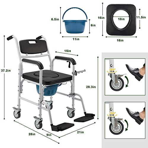 Homguava Bedside Commode Wheelchair, 4 in 1 Shower Commode Chair Rolling Transport Chair Toilet with Arms for Seniors and Disabled Weight Capacity 350lbs, Black 5