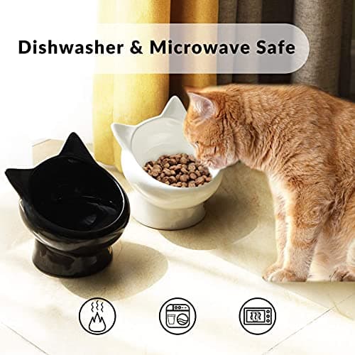 PETNF Cat Bowls for Indoor Cats,2 Pack Ceramic Raised Slanted Cat Food Bowl Elevated Tilted Whisker Friendly,Anti Vomiting Cat Feeding Bowl,Black White Kitty Water Bowl,Ergonomic Cat Dishes Plate Set 5