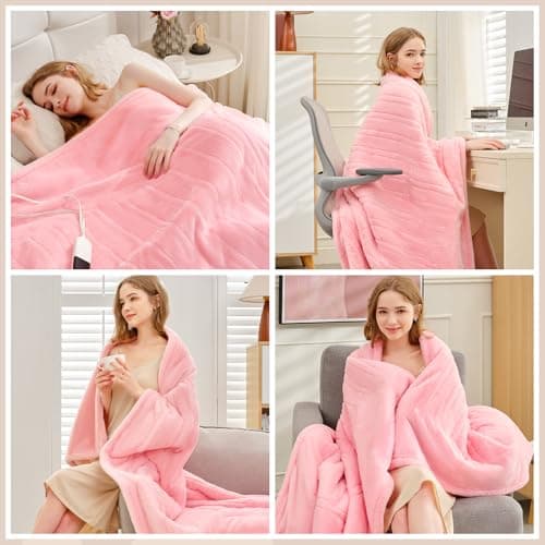 PTQ Premium Heated Throw Blanket 50"×60" - Ultra Cosy Soft Electric Blanket with 8 Heating Levels,Plush Fast Heating Faux Rabbit Fur Blanket for Bed & Couch - Auto Shut Off,Machine Washable (Pink) 6