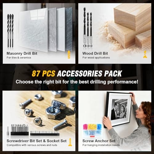 21V Brushless Cordless Drill Set, PowerDrill with 2.0Ah Battery and Charger, 575 Inch Pounds, 3/8" Metal Keyless Chuck ElectricDrill, Compact Design, 25+1Position, 87Pcs Accessories, Gifts for Dad Men 5