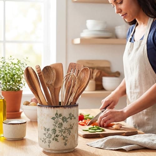 Teecyhooo Kitchen Ceramic Utensil Holder Rustic 5.5" Green Floral Utensil Crock for Countertop Tuscany Cooking Tools Storage Caddy for Spatula Spoon Farmhouse Decor Housewarming Gift 6