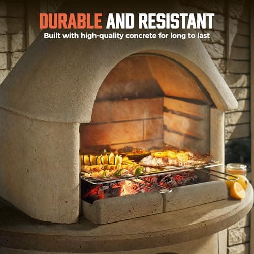 BIG HORN PRIME Concrete Outdoor Fireplace with Grill, Wood Burning Fireplace with Wood Storage and Chimney, Include Grill Rack & Charcoal Pan, 79.9”H 4
