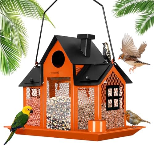 Solar Bird Feeders House for Outside Hanging, Metal Wild Bird Feeder for Outdoors Large Capacity Cardinal Birdfeeder Birdhouses Metal Bird Feeding Station Orange