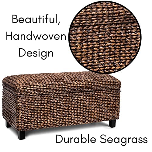 BIRDROCK HOME Abaca Storage Bench – Hand-Woven Wicker Entryway Bench w/Lift-Top Hidden Storage, Solid Wood Frame - Brown Wash 5
